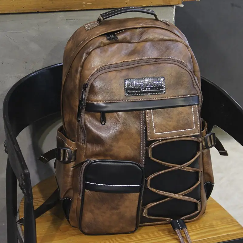 Casual Double Root Burden Reduction Simple Schoolbag Zipper Letter Retro Waterproof Fashion Men's Outdoor European and American