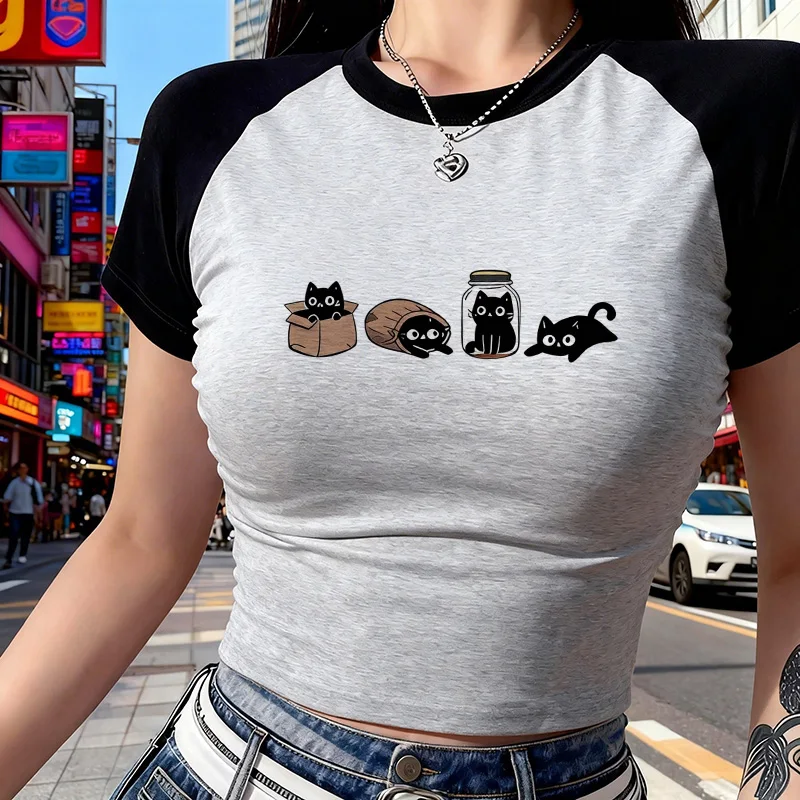Damen Y2K Crop-Tops Sexy Kurzarm-T-Shirt 90er Jahre Sommer Crop-Shirt mit Aufdruck von Vier Schwarzen Katzen in Verschiedenen Posen