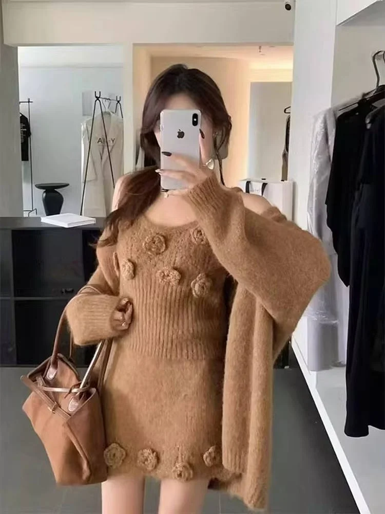 

Комплект из трех предметов: вязаный кардиган, жилет и юбка с завышенной талией для женщин больших размеров, осенний винтажный стиль, повседневный образ