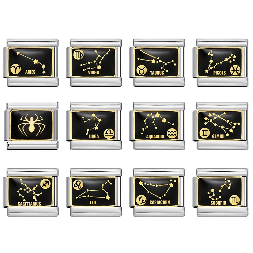 2026 New 1Pcs Original Design Black Gold Colour 12 Constellation Charm Fit 9mm Bracelet Stainless Steel Jewelry Making For Gift