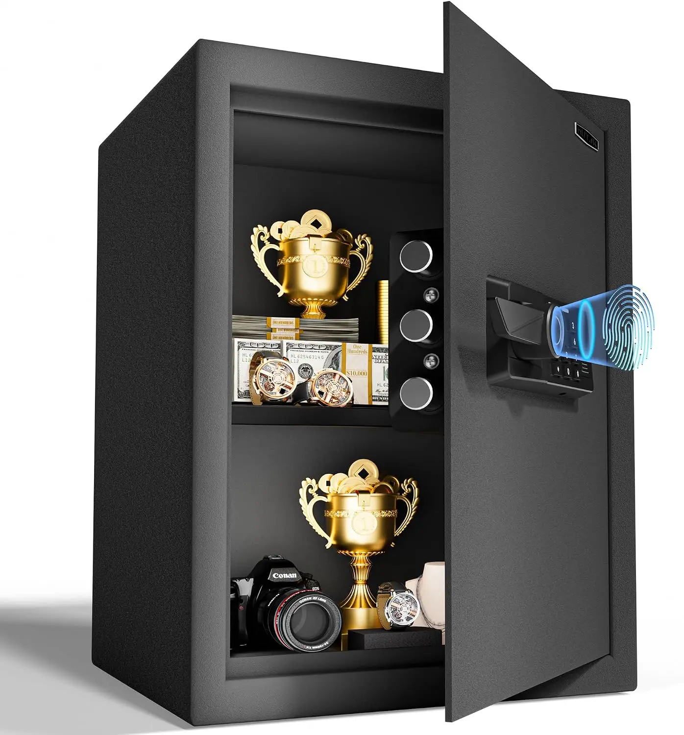 2.0 Cub Biometric Safe Box with Fireproof Bag, Quick-Access Fingerprint with Keys, Digital Keyboard, Type-C Port, Dual Alarm Sys