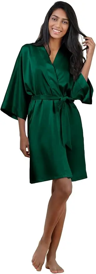 plain Satin Robes hot pink champagne silver Kimono bathrobe Women\'s Simplicity Pajamas Wedding Party robes short S-XXL