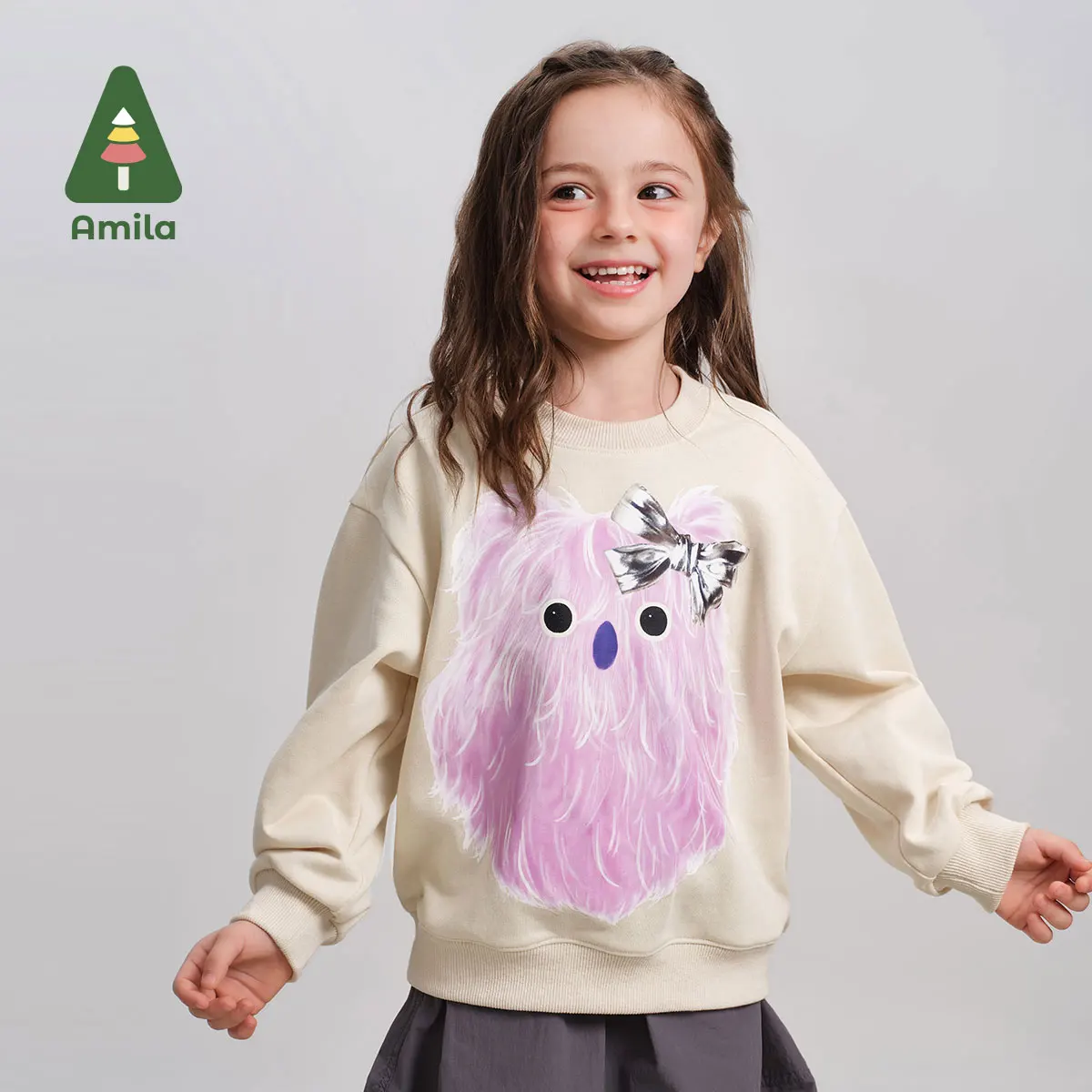 Amila Baby Sweatshirt 2024 Autumn New Boys And Girls Cartoon Round Neck Soft And Breathable Solid Color Children’s Pullover