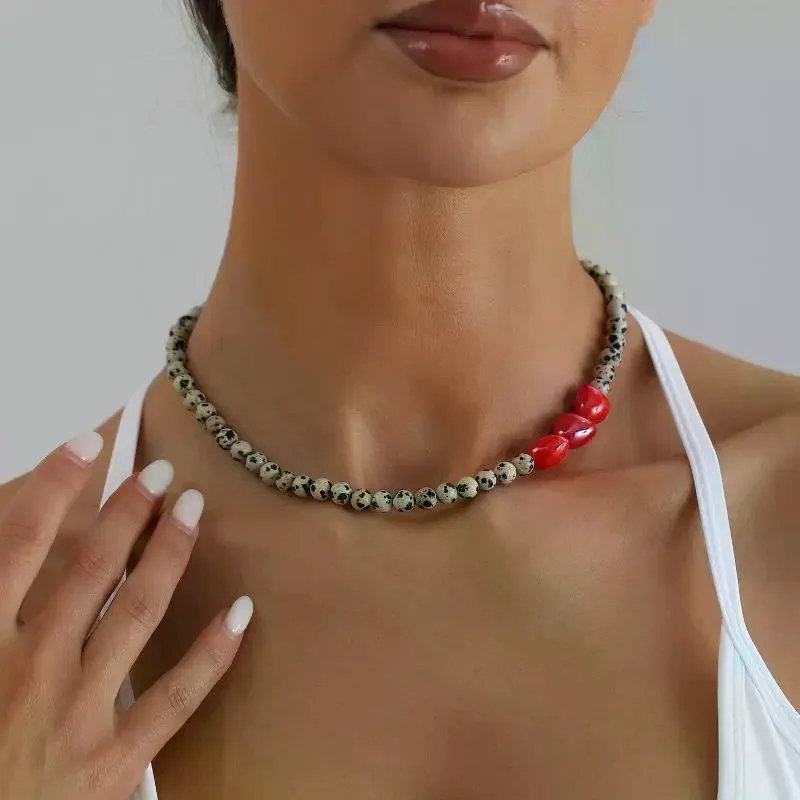 Spotted Stone Red Heart Beaded Necklace For Women Fashion Layering Jewelry Piece Neck Accessory Trendy
