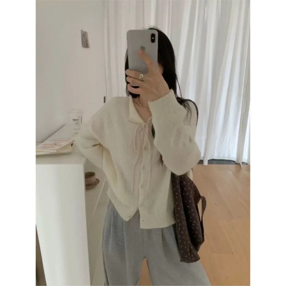 Koreanische Spitze-up Spitze Revers Pullover Kleinen Mantel frauen Einfarbig Vielseitig Strickjacke Komfortable Zieht Femmes Alle-spiel