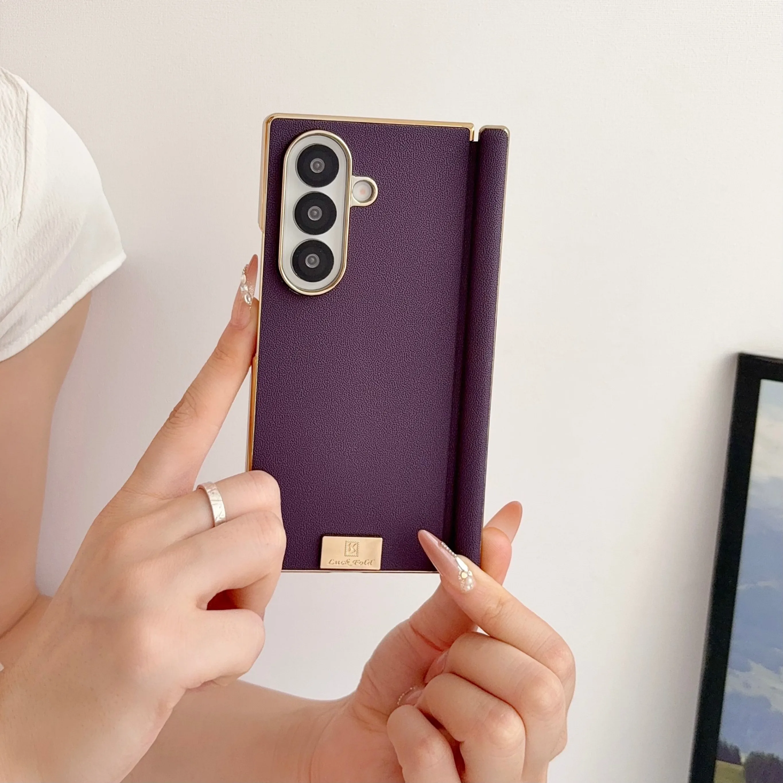 Plating Bumper Plain Leather Flip Case for Samsung Galaxy Z Fold 8 Ultra 7 6 5 Raised Camera Bezel Magnetic Hinge Protect Cover
