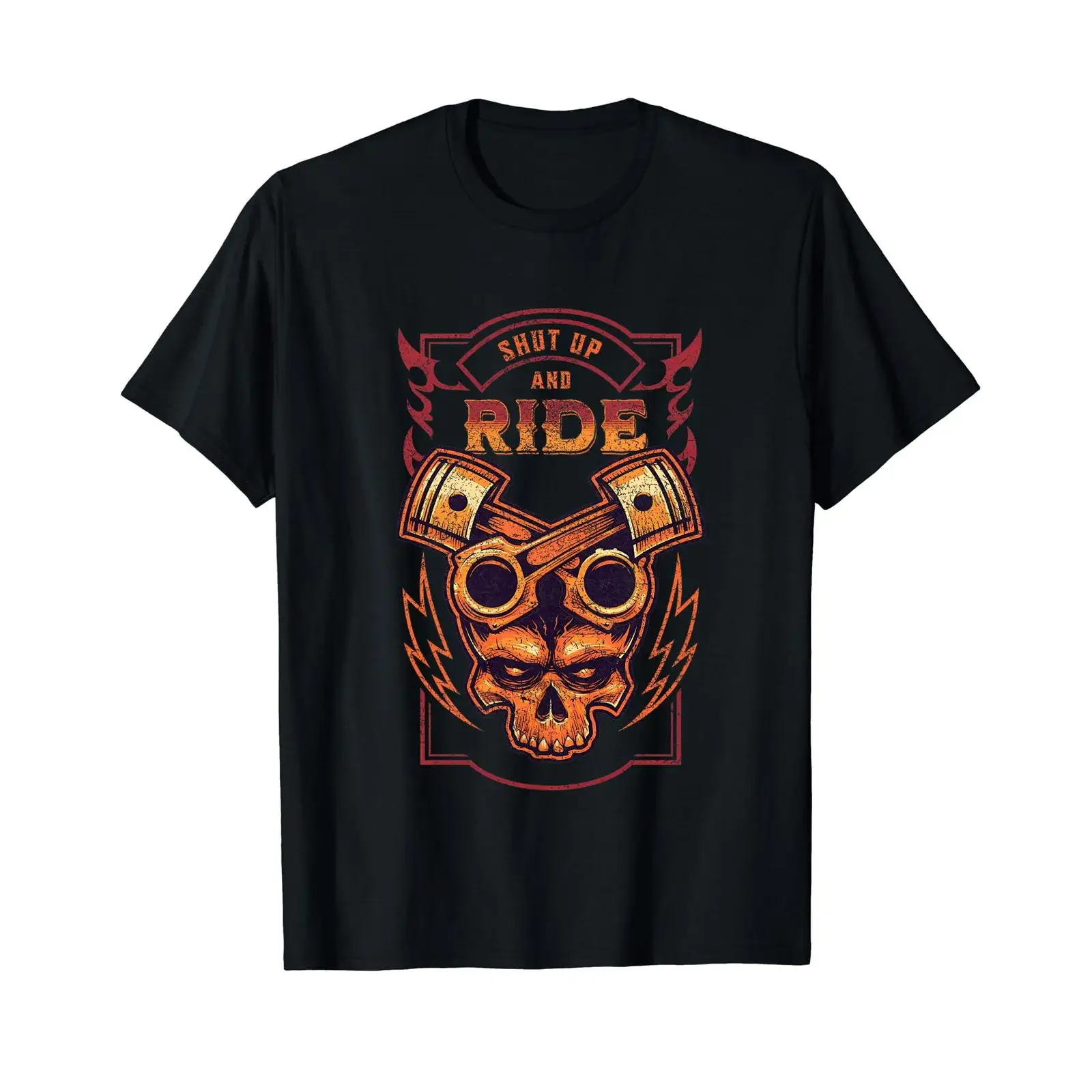 Shut Up And Ride Motor Skull Fire Piston Bones Cross T Shirt vintage Washed Top For Everyday Wear Soft Unisex Versatile