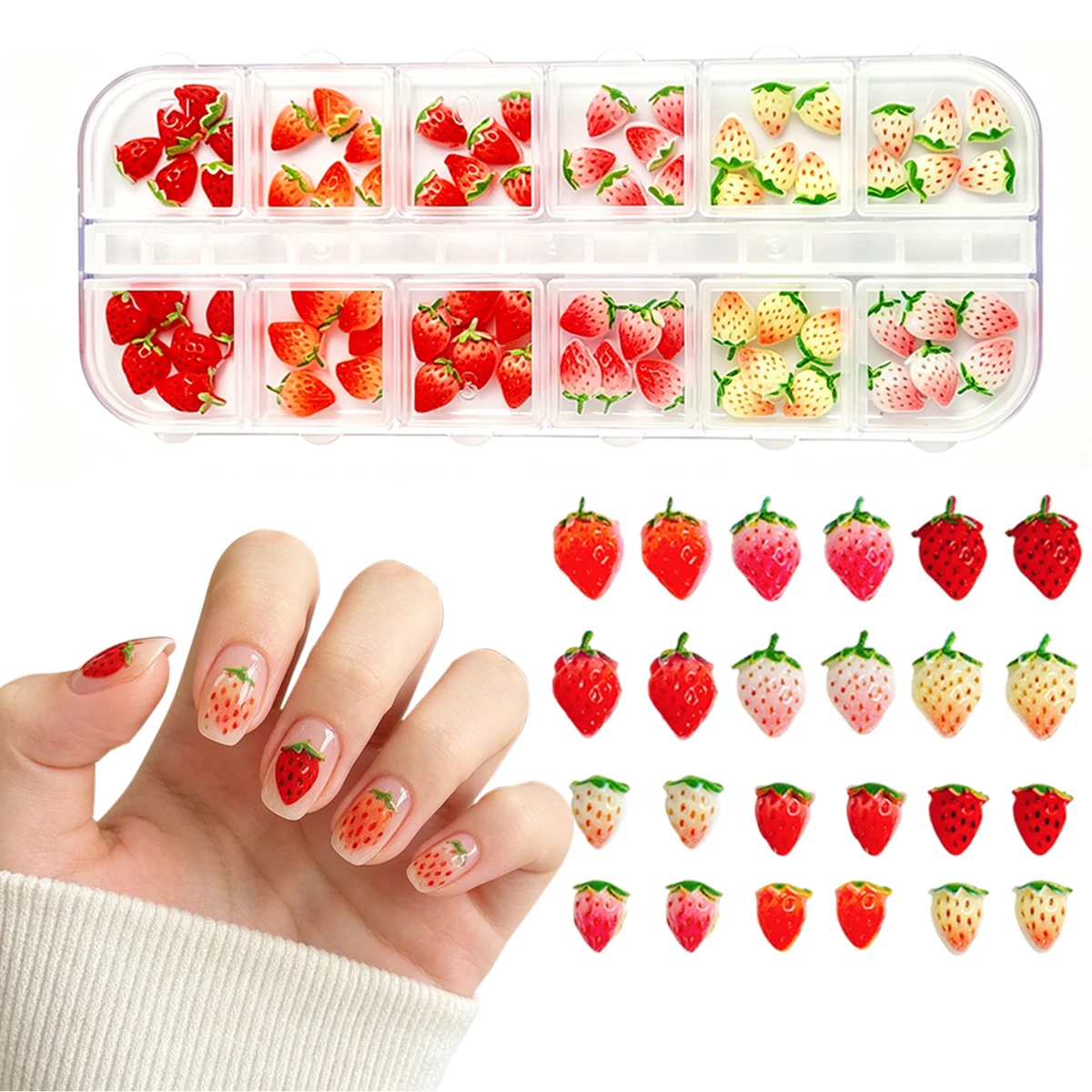 1Box Minimalist Creative Resin Strawberry Nail Art Charms 3D Multiple Colors Gradient Simulated Fruit Nail Decorations DIY Nails