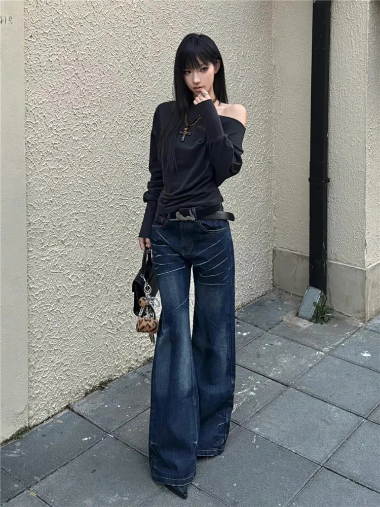 

Женские джинсы с низкой талией и широкими штанинами в американском ретро-стиле, весенне-осенние, свободные, стройнящие, с эффектом потертости, длиной в пол