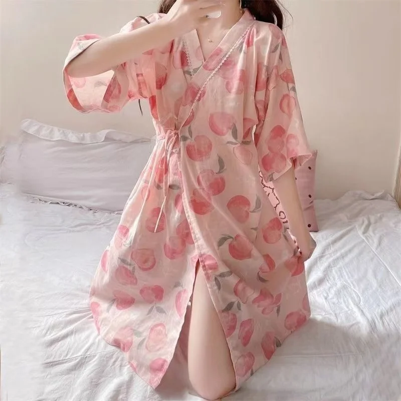 Nightgowns Women Sweet Home Summer Medium-long Comfortable Sexy Japanese Style V-neck Thin Bandage Girlish Kawaii Daily Female