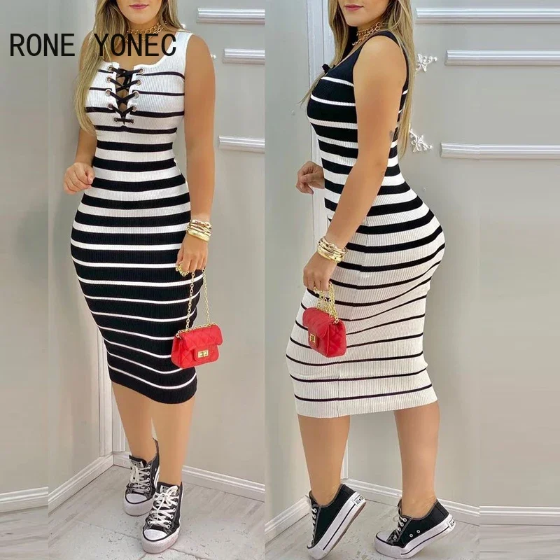 Women Striped Print Colorblock Eyelet Lace Up Bodycon Dress Casual Dress Vacation Dress 2021