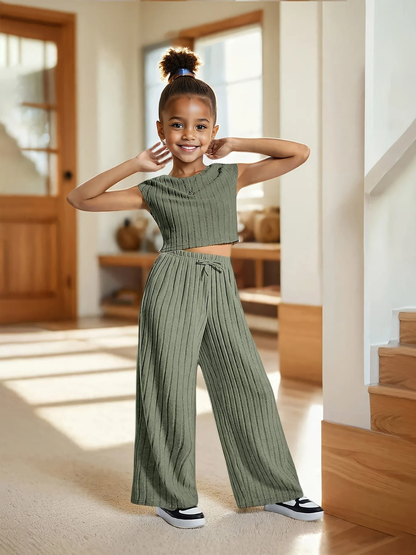 Trendy Girls 2Pcs Co-Ord, Olive Green Ribbed Crop Top & Drawstring Wide Leg Pants Set for Loungewear & Play