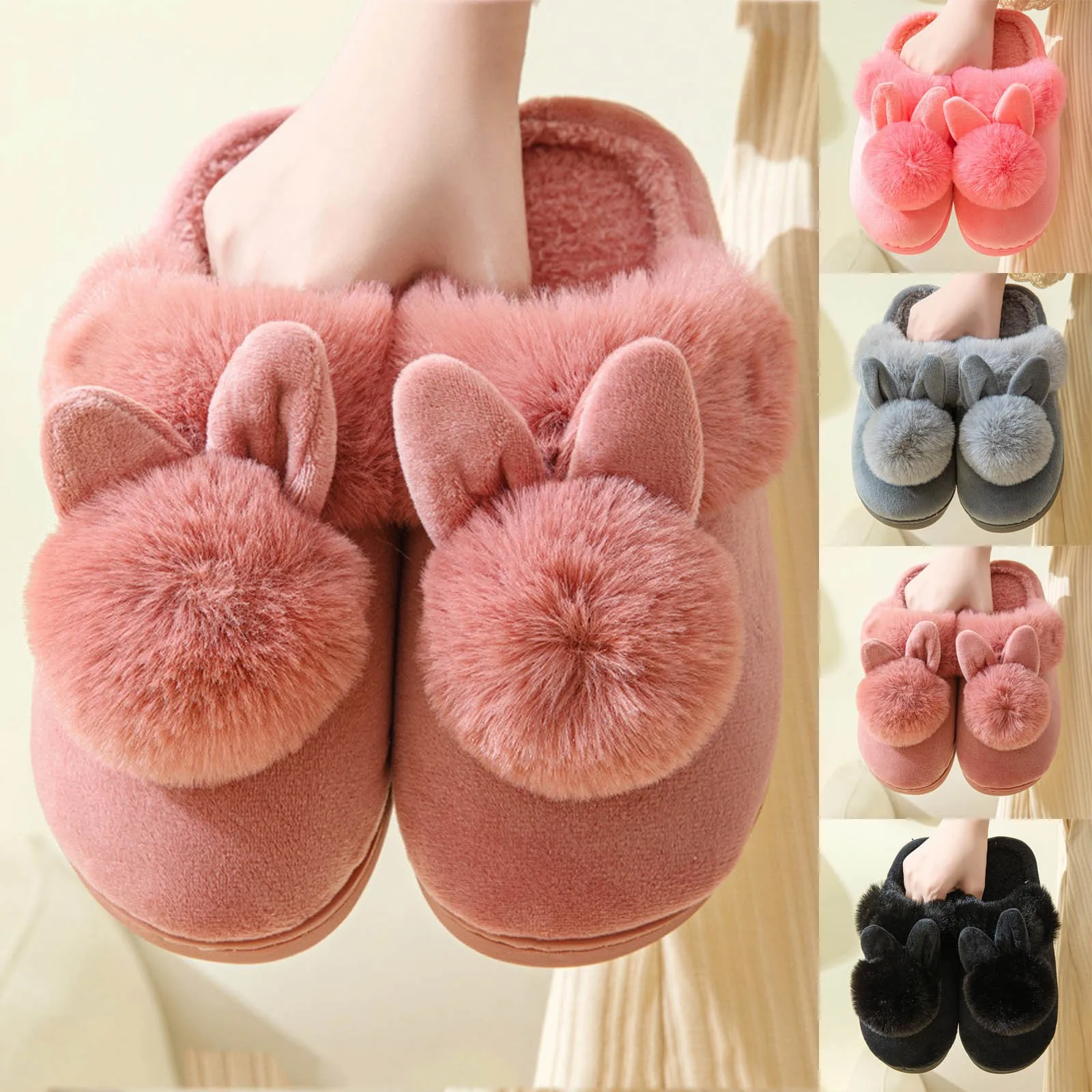 Women's House Fuzzy Slippers Couple Indoor Anti-skid Plush Lined Bedroom Slides Winter Comfy Warm Fur Fluffy Cotton Shoes