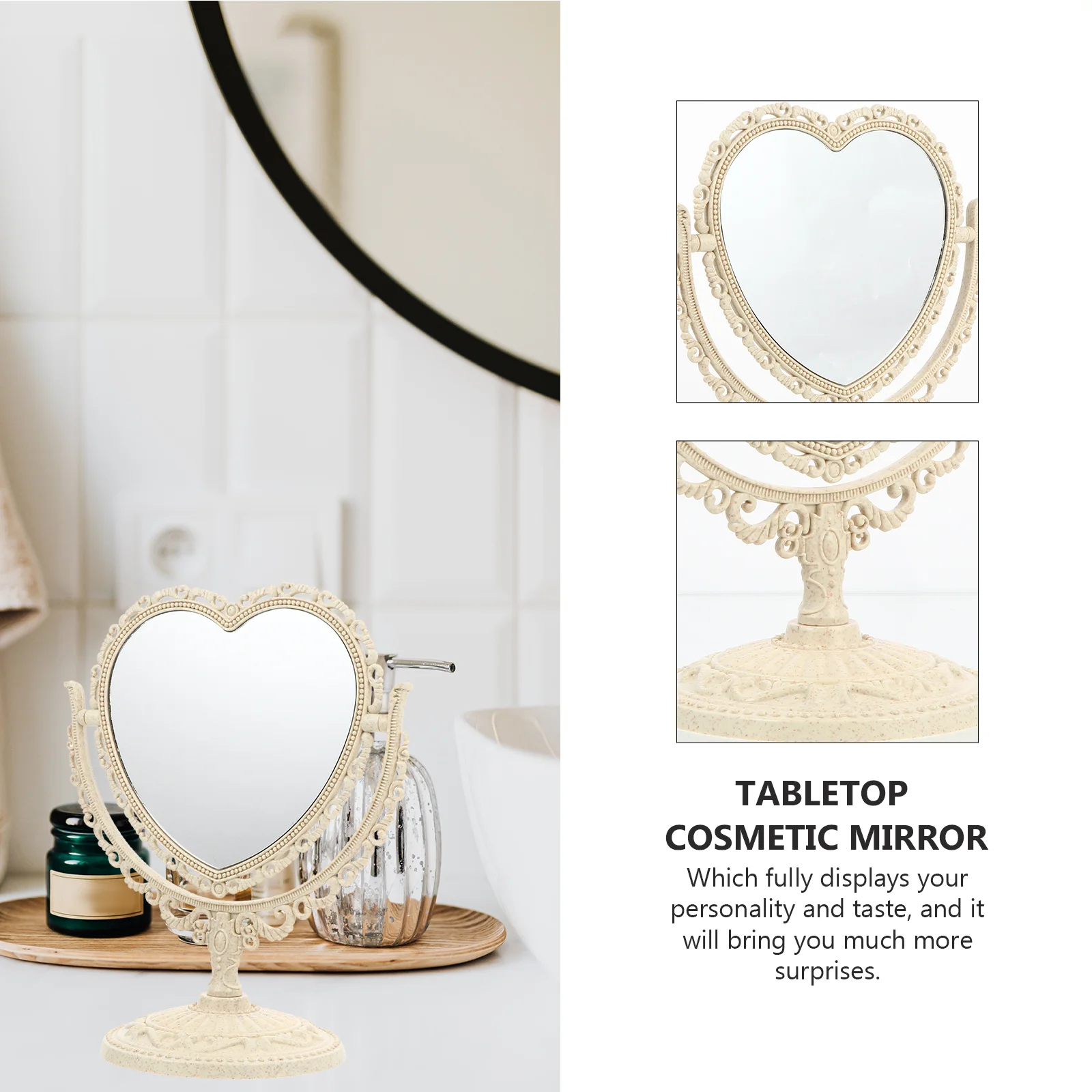 Retro Vanity Mirror Vintage Tabletop Dresser Elegant Desktop Swivel Makeup Decor