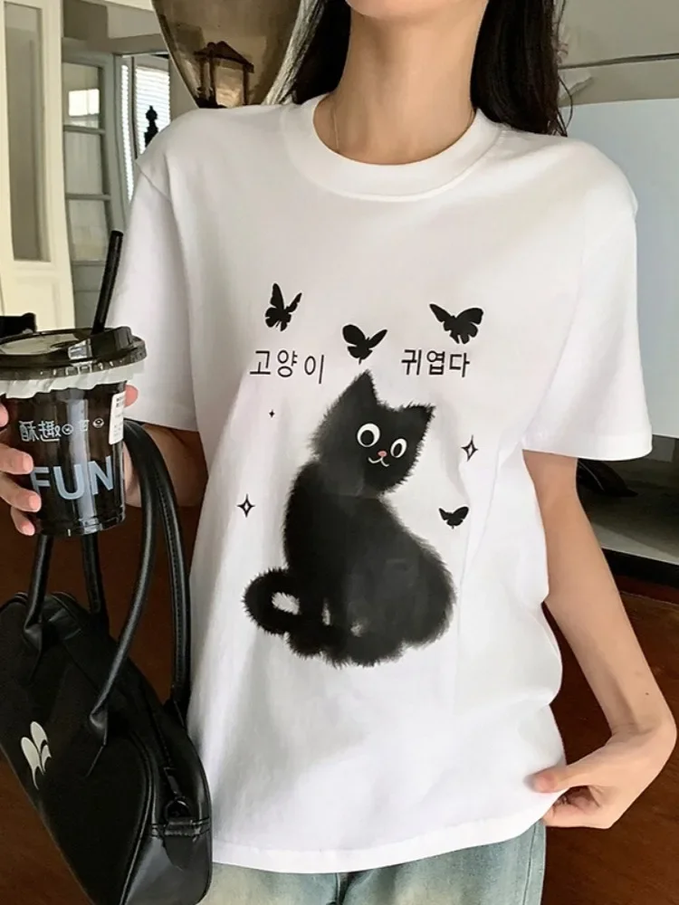 

HOUZHOU Korean Fashion Casual T Shirts Women Y2k Kawaii Sweet All-match Streetwear Cat Cartoon Print O-neck Loose Tees Tops 2025