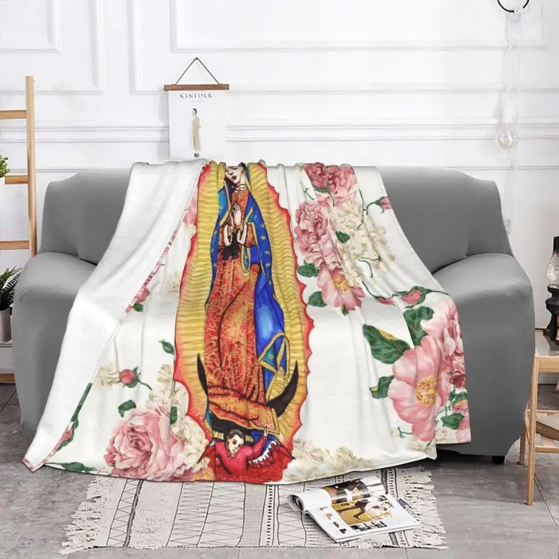 Virgin Of Guadalupe Sofa Fleece Throw Blanket Warm Flannel Mexico Catholic Virgin Mary Blankets for Bedroom Office Couch Quilt