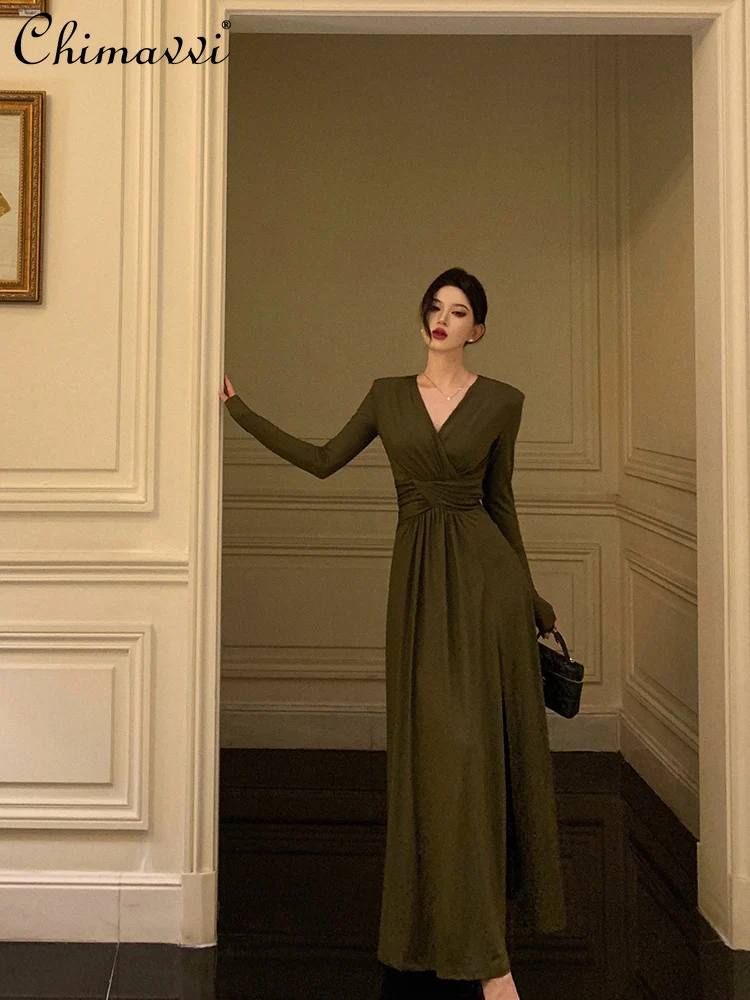 

French Elegant Retro V-neck Long Sleeve Cross Pleated High Waist Slim A-line Slit Temperament Long Evening Dress Women Autumn