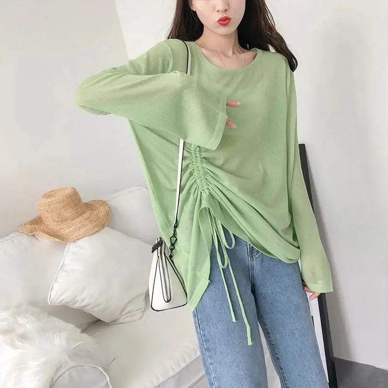 Women Ice Silk Sunscreen T Shirts Summer Fashion Drawstring Loose Tops Woman Slightly Transparent Long Sleeve Tees Female