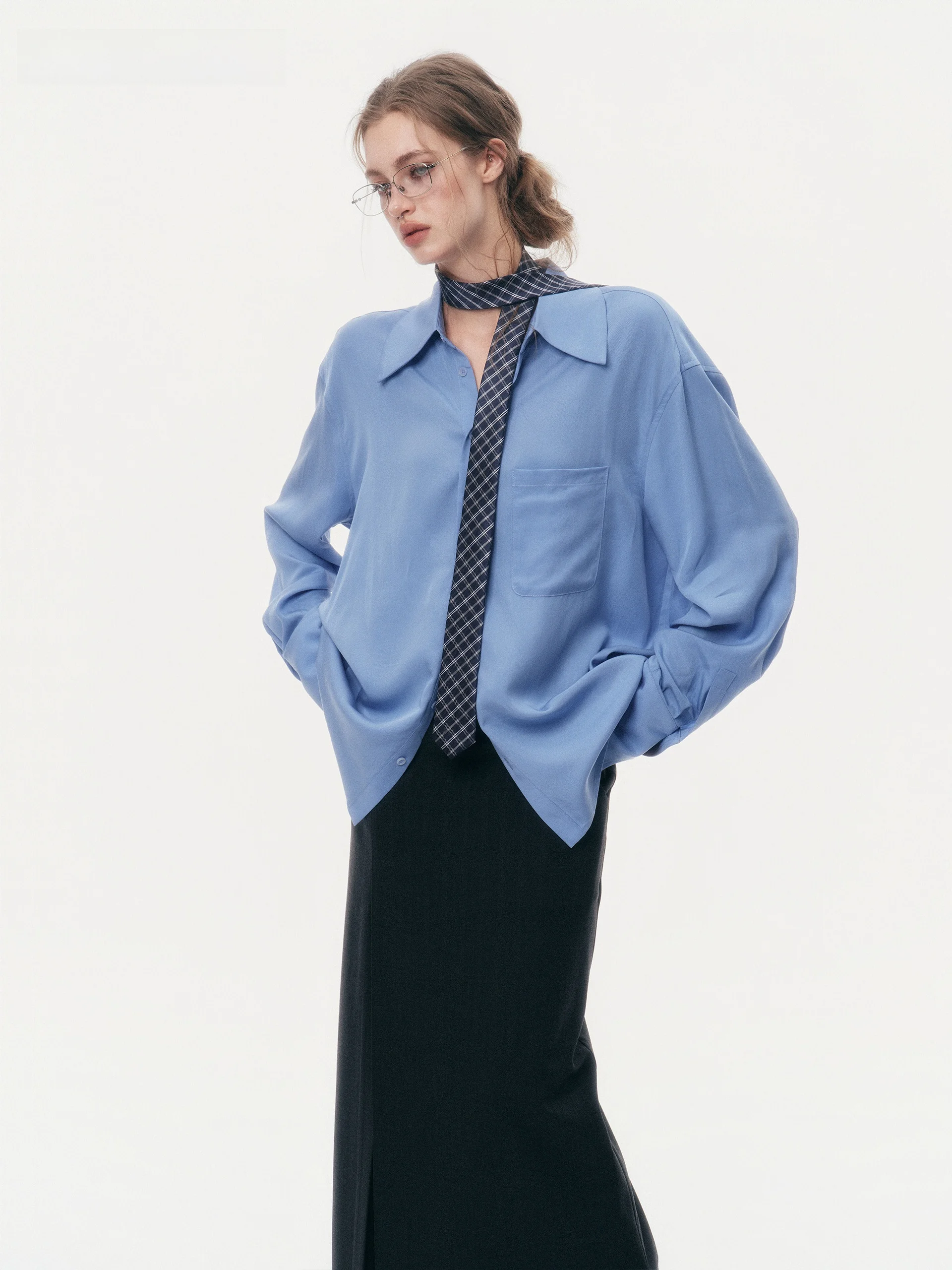 

JOURJOUR 00 Days Silk Long Sve irt Lightweight Draped Loose Fit Blue Women's Premium Fashion Casual Shirt