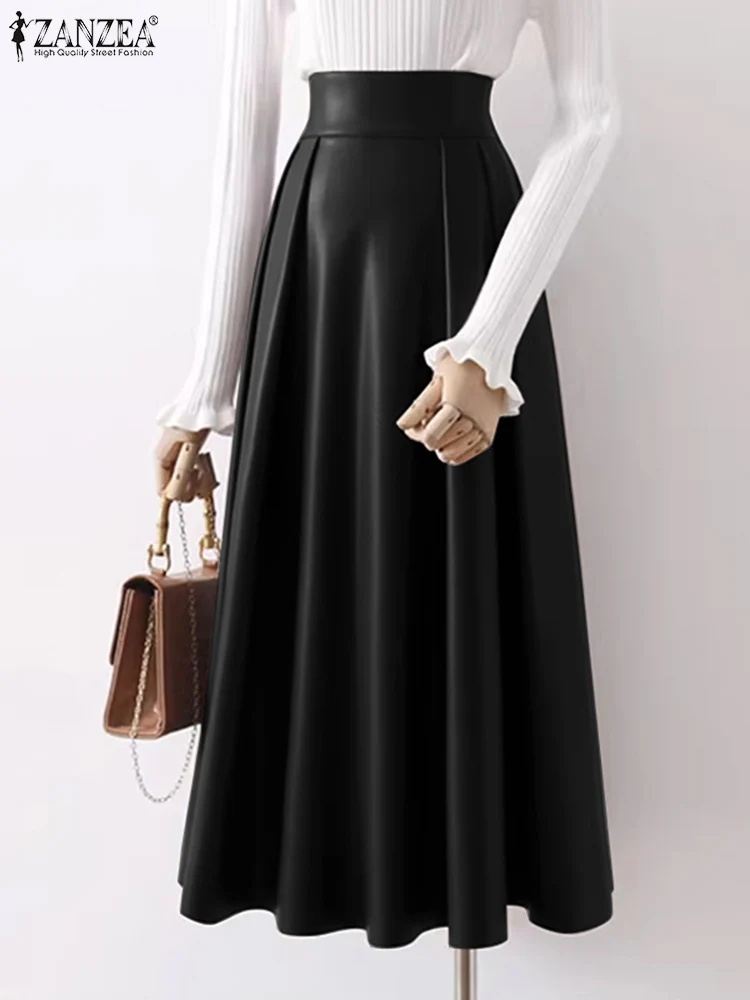 

ZANZEA Women Elastic High Waist Pleating PU Leather Long Skirt Elegant Skirt Causal Loose Jupe Fashion 2024 Summer Maxi Faldas