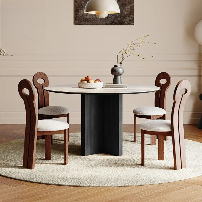 French retro North American black walnut dining table and chairs, travertine rock slab small apartment solid wood round dining