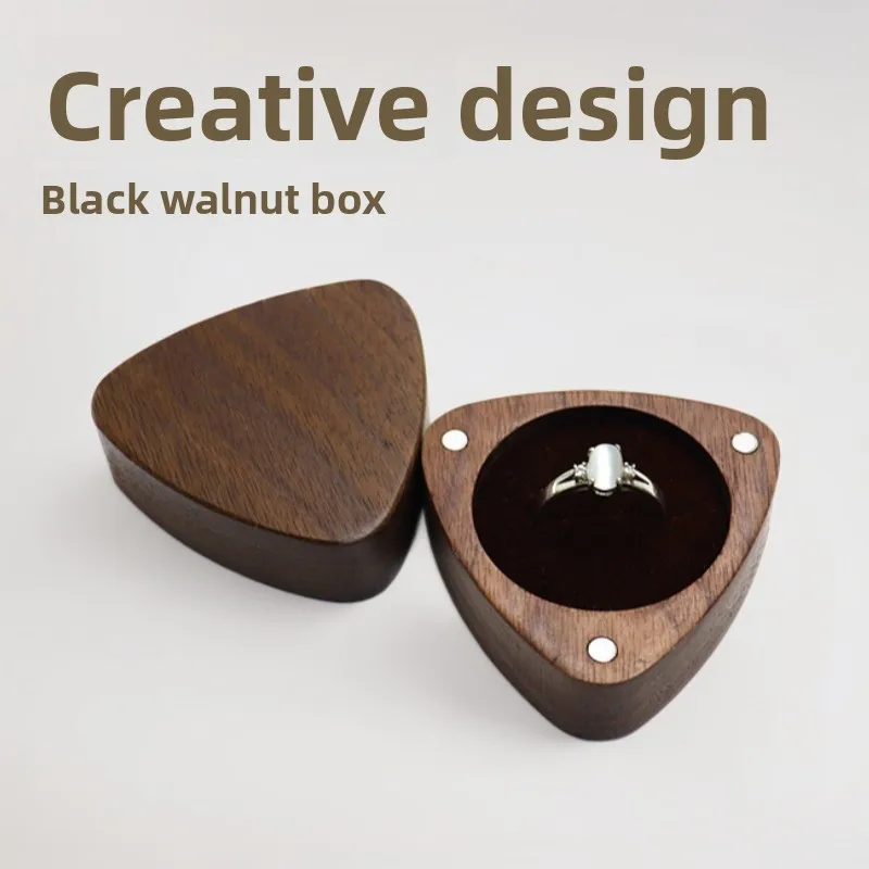 Solid Black Walnut Wood Triangle Ring Box Jewelry Storage Organizer for Engagement Wedding Proposal Gift Box