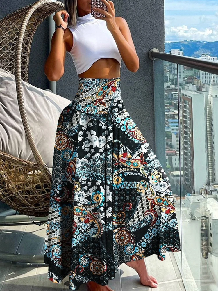 Rok panjang Motif Boho untuk wanita 2024 jubah rok pesta pantai gaun ayun besar model A-line pinggang tinggi kasual elastis musim panas