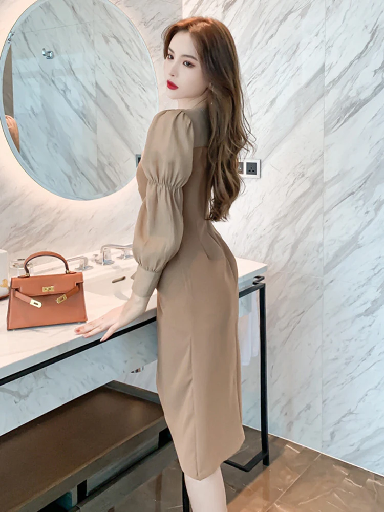 Primavera donna abito Midi temperamento elegante soffio pieghe manica lunga asimmetrico Split Femme Outfit stile coreano abiti Mujer