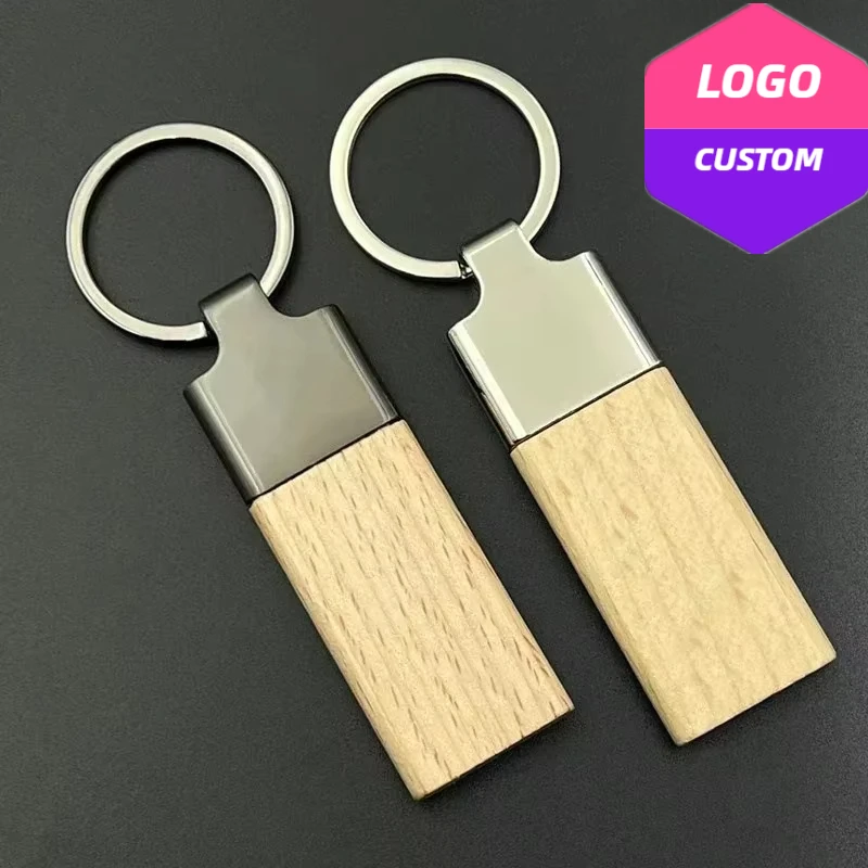 Rosewood Walnut Wood Custom LOGO Wooden Metal Keychain Blank Laser Engraved Key Chains for Company Hotel Personalize Car Keyring