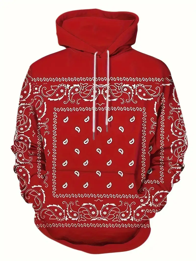 3D Retro Bandana Print Hoodie For Men\'s Casual Cool Pullover Hooded Sweatshirt With Kangaroo Pocket Streetwear For Summer Autumn