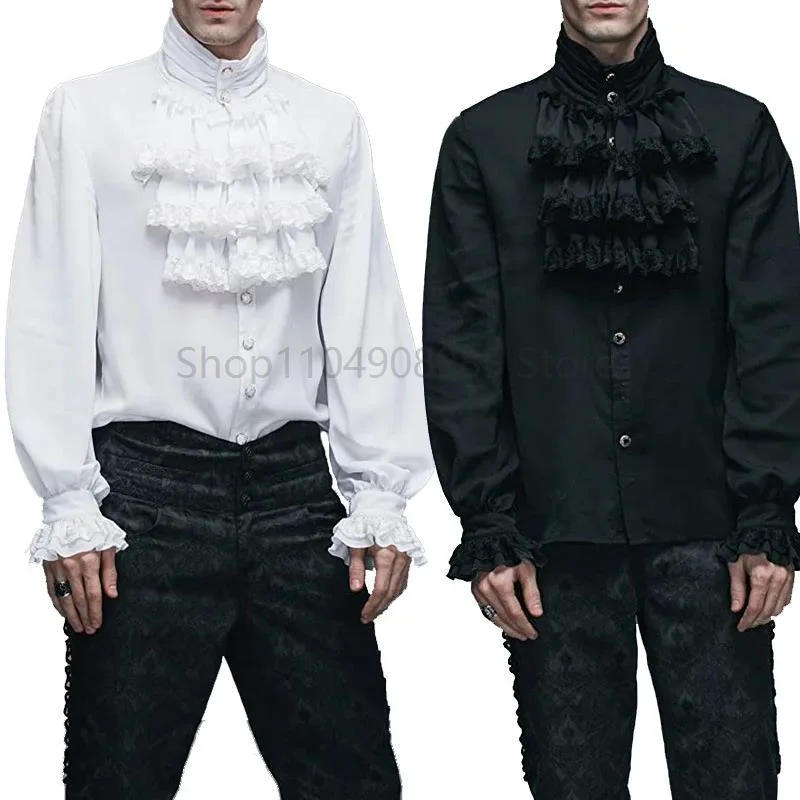

Medieval Cosplay Costumes Victorian White Stand Collar Long Sleeves Mens Shirt Steampunk Tops Vintage Plus Size Gothic Clothing