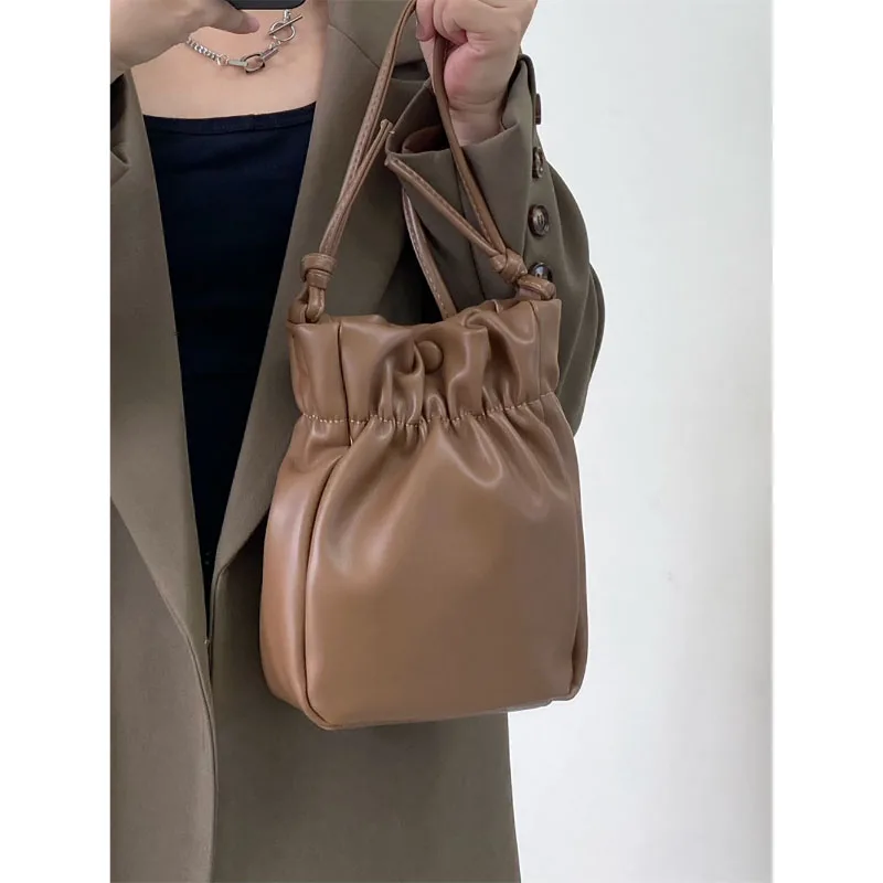 Korean Cute Pleated Bucket Bag Women Fashion All-Match Texture Soft Leather Mini Bag Popular Shoulder Crossbody Mobile Phone Bag