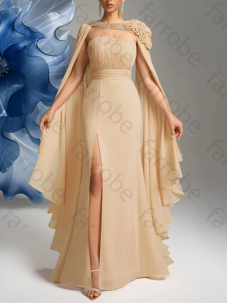 

Customized Chiffon Solid Sleeveless 3D Flowers Evening Dresses Elegant Side Slit Celebrity Dress High Quality Prom Party Gowns