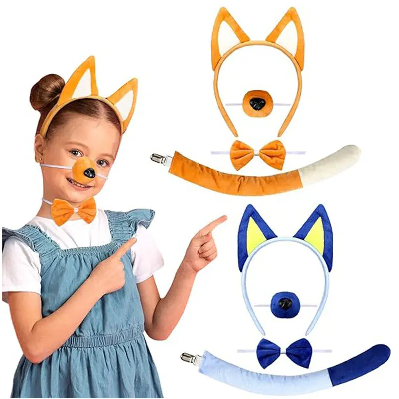 4Pcs Dog Ears and Tails Set Plush Blue Dog Headband Tail Nose Tie Costume Accessory for Kids Adults Animal Themed Cosplay Party
