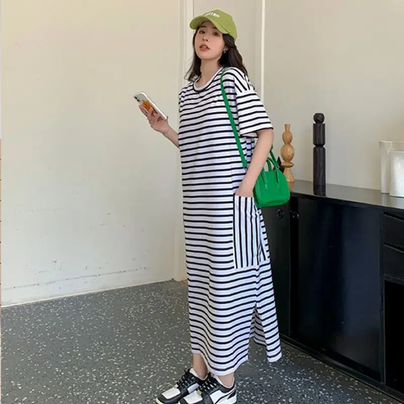Robe mi-longue rayée à col rond pour femme, t-shirt à manches courtes, pull de poche, décontracté, simplicité, été, nouveau, 2023