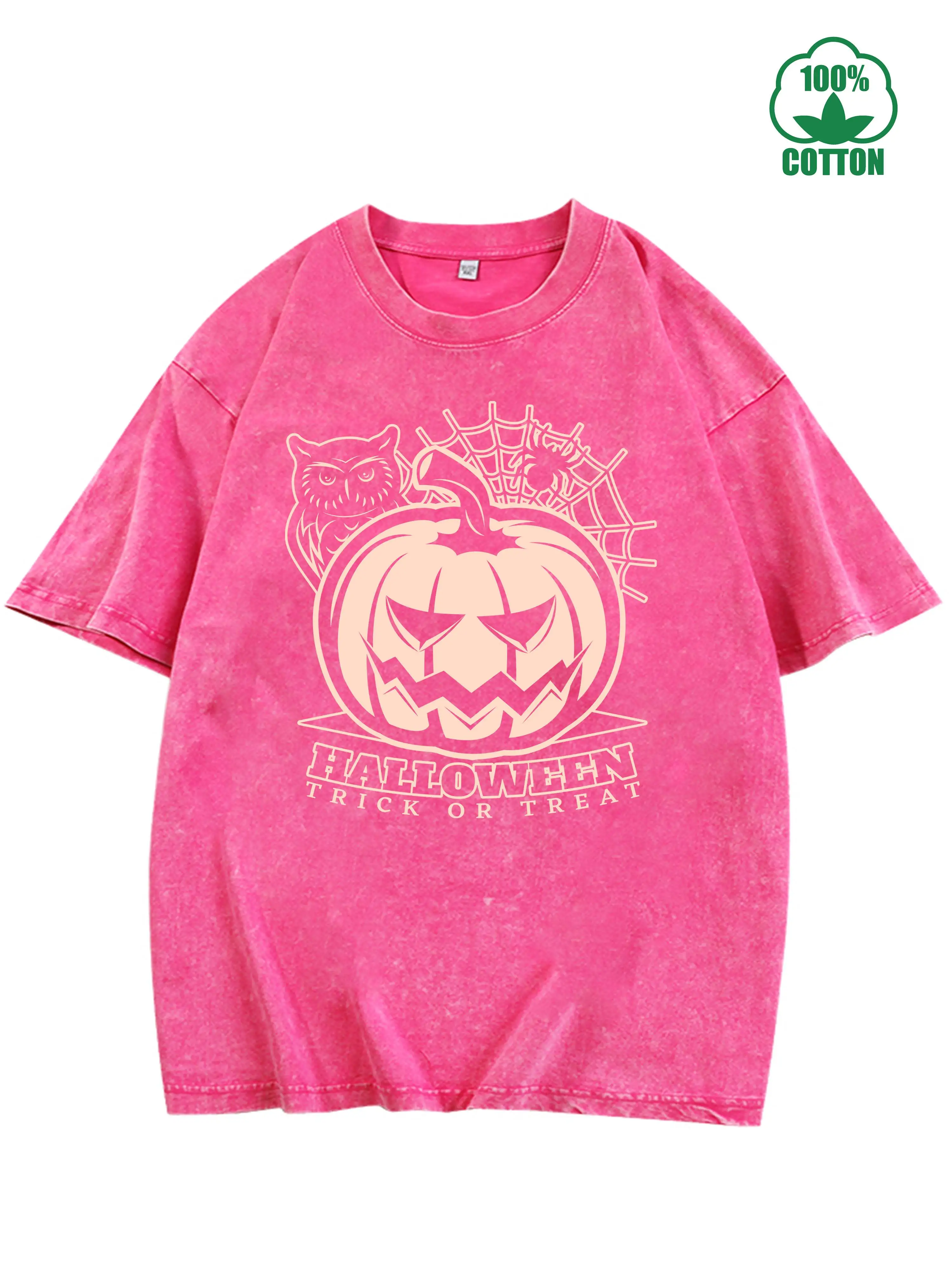 تي شيرت Happy Halloween Trick or Treat Pumpkin Head 100% قطن عتيق مغسول 230 جرام ملابس خروج مريحة كبيرة الحجم لـ