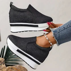 Women's Denim Wedges Heel Fashion Round Toe Sneakers Ladies Daily Casual Shallow Mouth Non-Slip Walking Women's Vulcanised Shoes