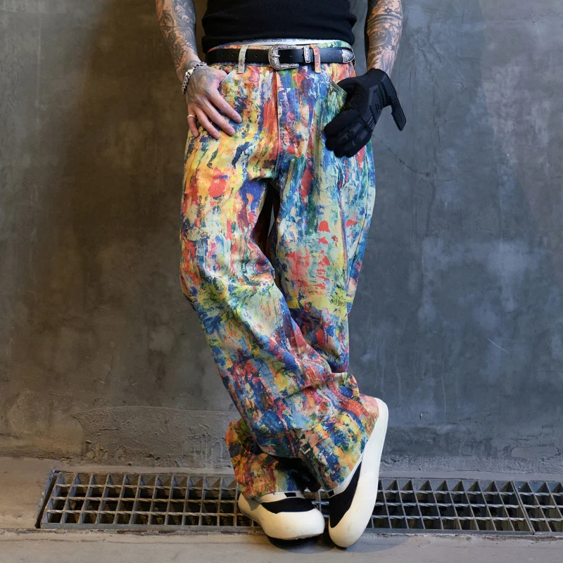 

Fashionable color design jeans, men's personality, hip-hop trend, American street style loose wide leg, floor length denim pants
