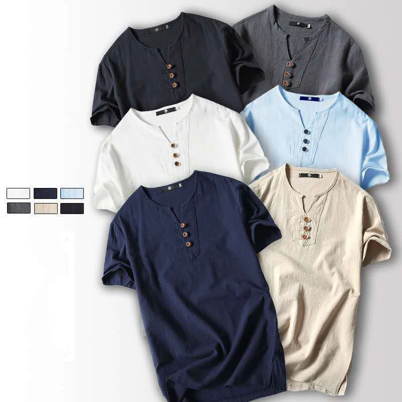 Fashion Men'S Linen T-shirt Short Sleeves V Neck Button Solid Color Slim Fit Casual Short Male Tee Shirt Top Japanese Style