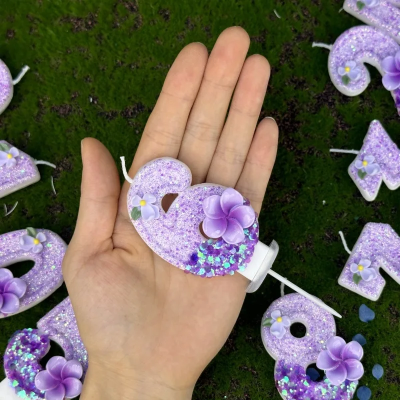 Floral Purple Number Birthday Candles - Purple Flower Themed Cake Decor Candles for Birthday Party Cake Topper Ornament