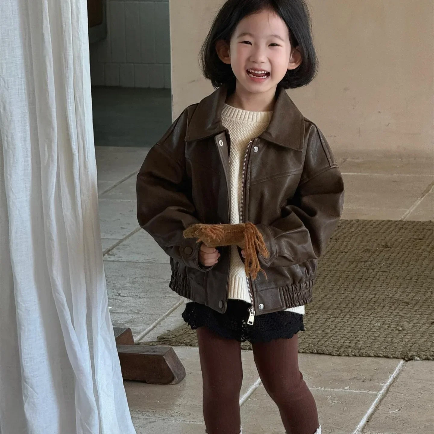 2024 Autumn New Korean Kids Clothing Girls Jackets Retro Coffee Color Short Leather Jackets Boutique Clothing Minimalist Style