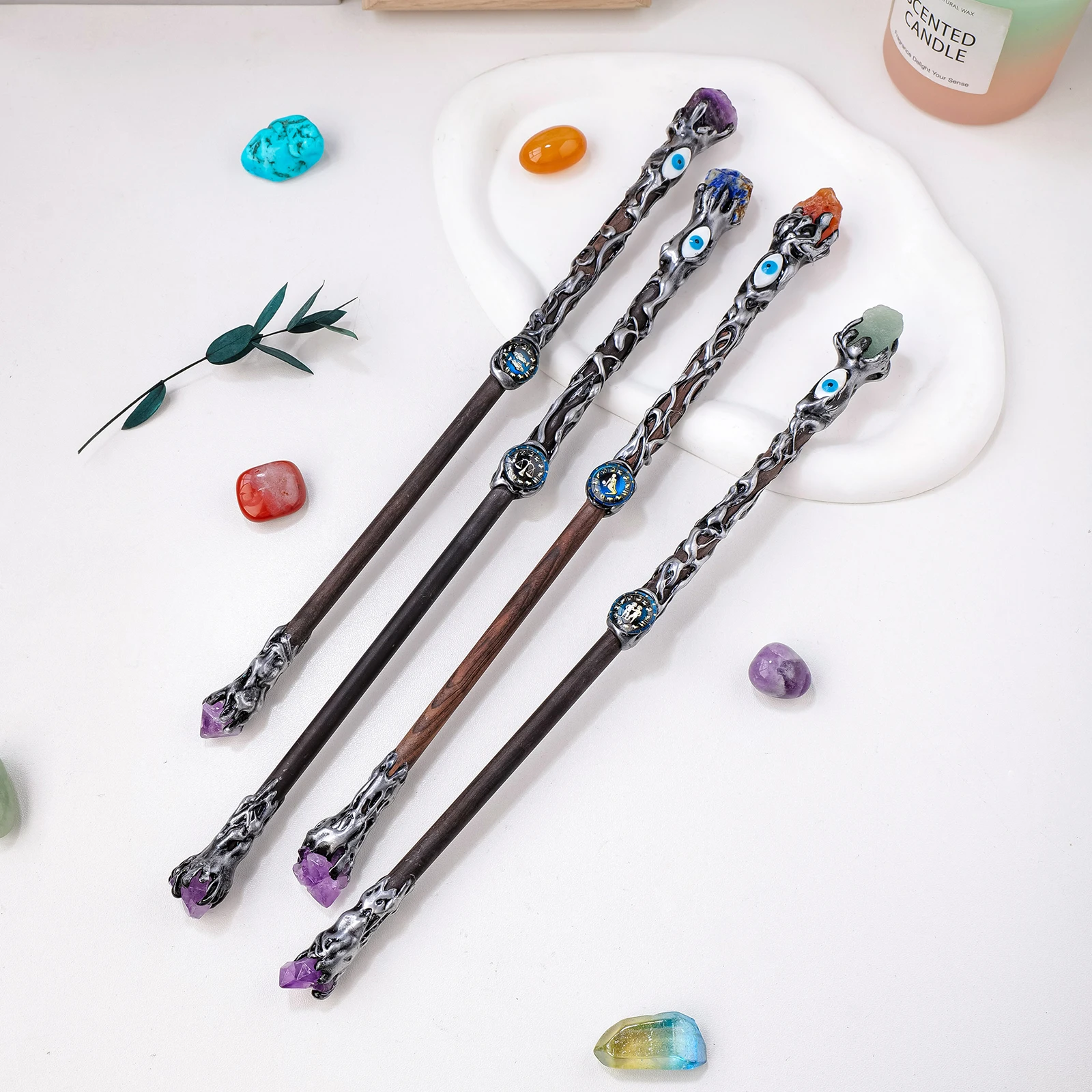 1PC 1PC Natural Gemstone Rose Quartz Citrine Zodiac Crystal Scepter Raw Stone Magic Wand Fancy Magic Wands for Kids