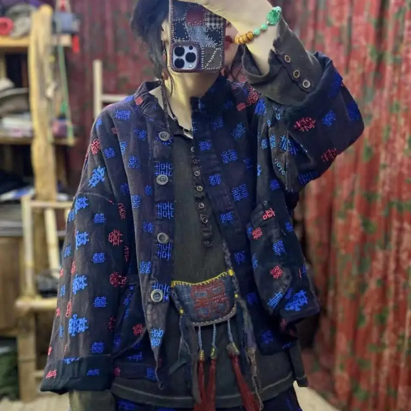 New Arrival Spring Chinese Style Women Long Sleeve Single Breasted Loose Short Coat Vintage 3d Embroidery Casual Jacket Th16