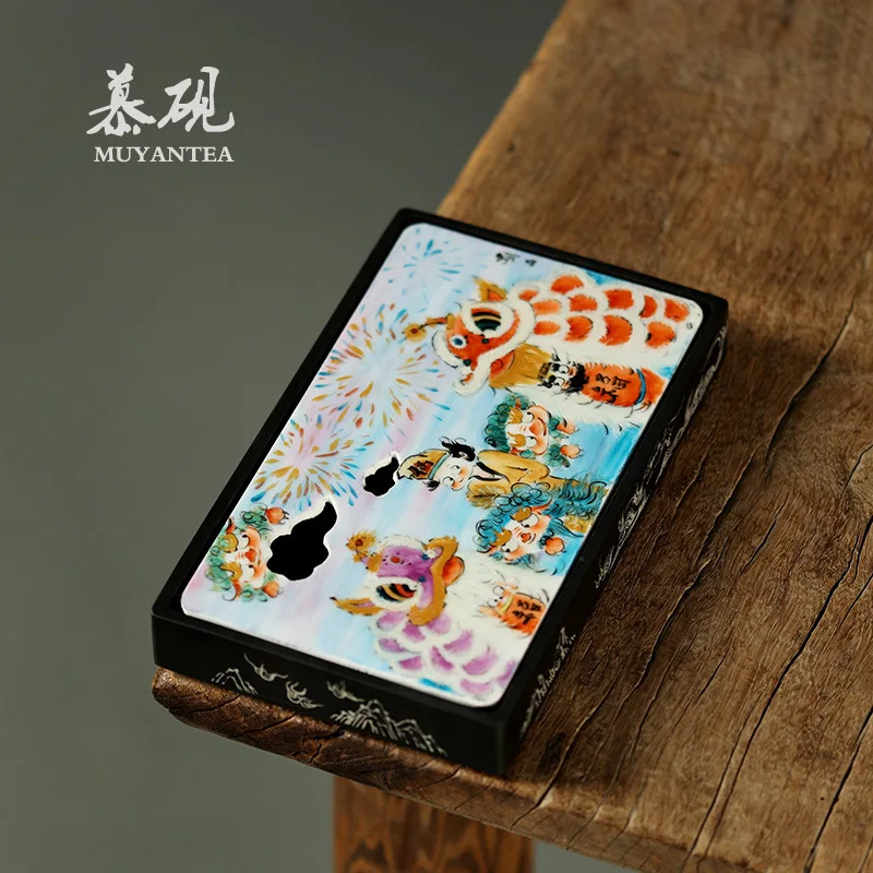 

Поднос для чернил Mu Yan, изготовленный вручную Инь Юаньюань, с ручной росписью в стиле «Танец льва», для подачи сухого чая.