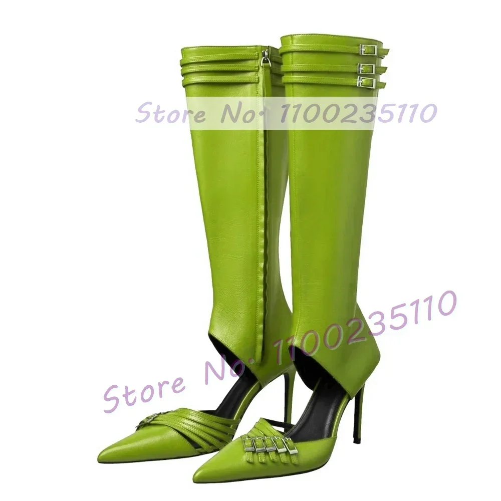 Red Multi Belt Buckles Cutout Knee High Boots Women Chic Gladiator Pointed Toe Sandal Boots Ladies Summer Sexy Puttee Heel Shoes