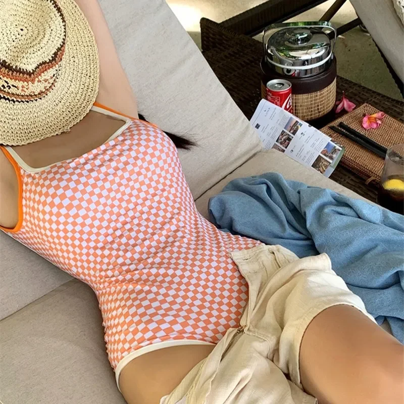 

Checker One Piece Swimsuit Women Swimwear Sexy Bandeau Swimming Suit Backless High Leg Beach Wear Bathing Suit for Women Korean