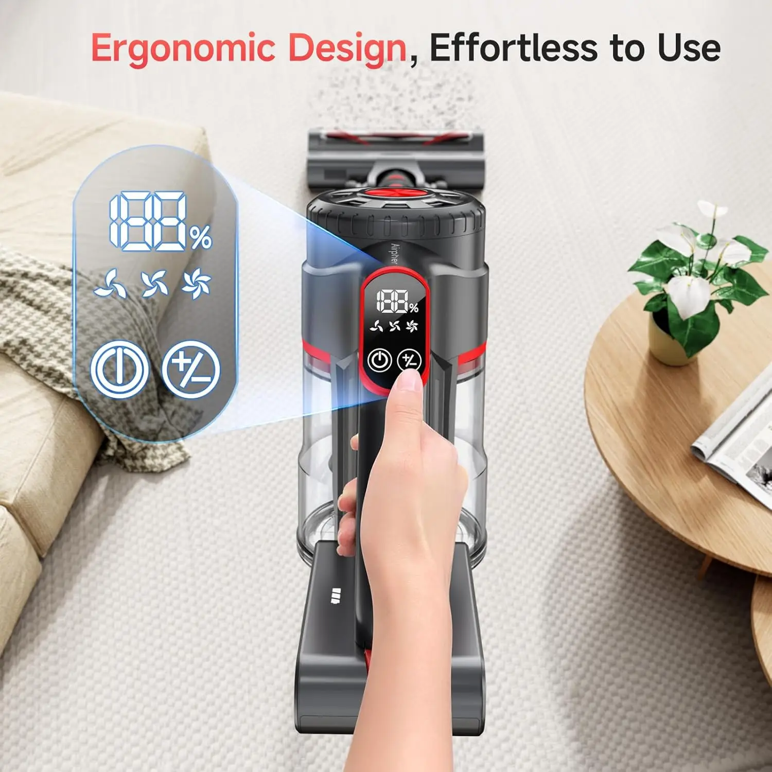 مكنسة كهربائية لاسلكية، مكنسة كهربائية بمحرك مزدوج 580 وات 60 كيلو باسكال للمنزل مع وقت تشغيل 60 دقيقة، 6 مصابيح أمامية خضراء LED، قائمة بذاتها