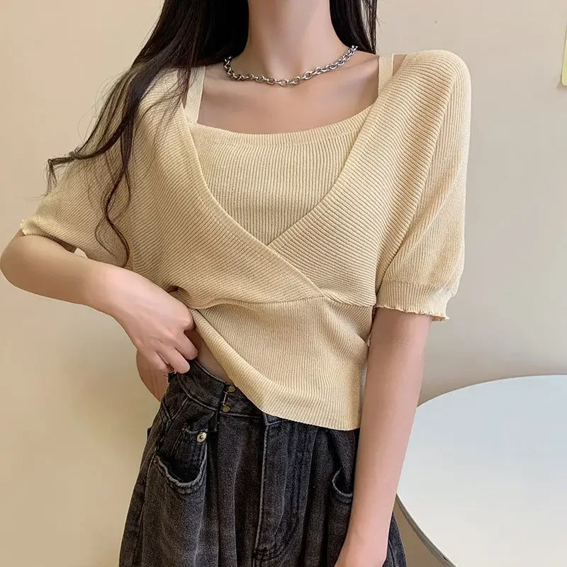 ZHUANQING Summer Fashion Solid Casual Vest Pullover camicetta da donna falso vestito a due pezzi manica corta Slim Tees Top semplice delicato