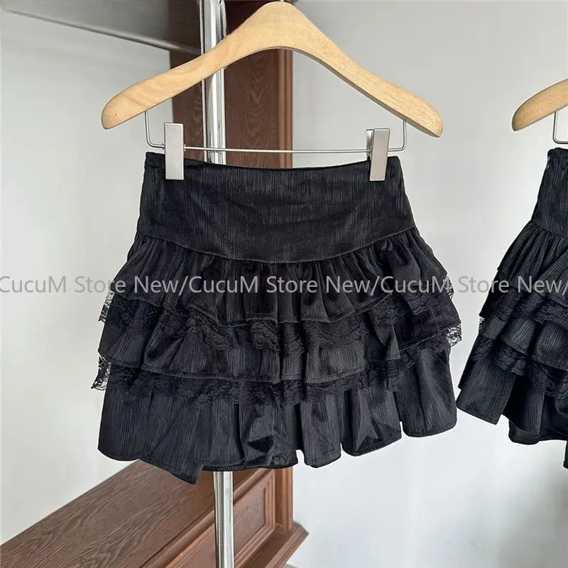 Vintage Cake Skirts Lace Patchwork High Waist Mujer Faldas Solid Fashion Sweet Falda Casual Temperament Short Skirt for Women
