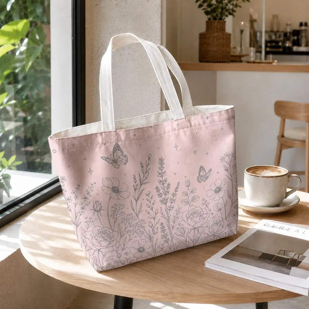 Blue Floral Butterfly Storage Bags 2-Piece Set Double-Sided Printed Canvas Tote Bags with Zipper Shopping Shoulder Handbags